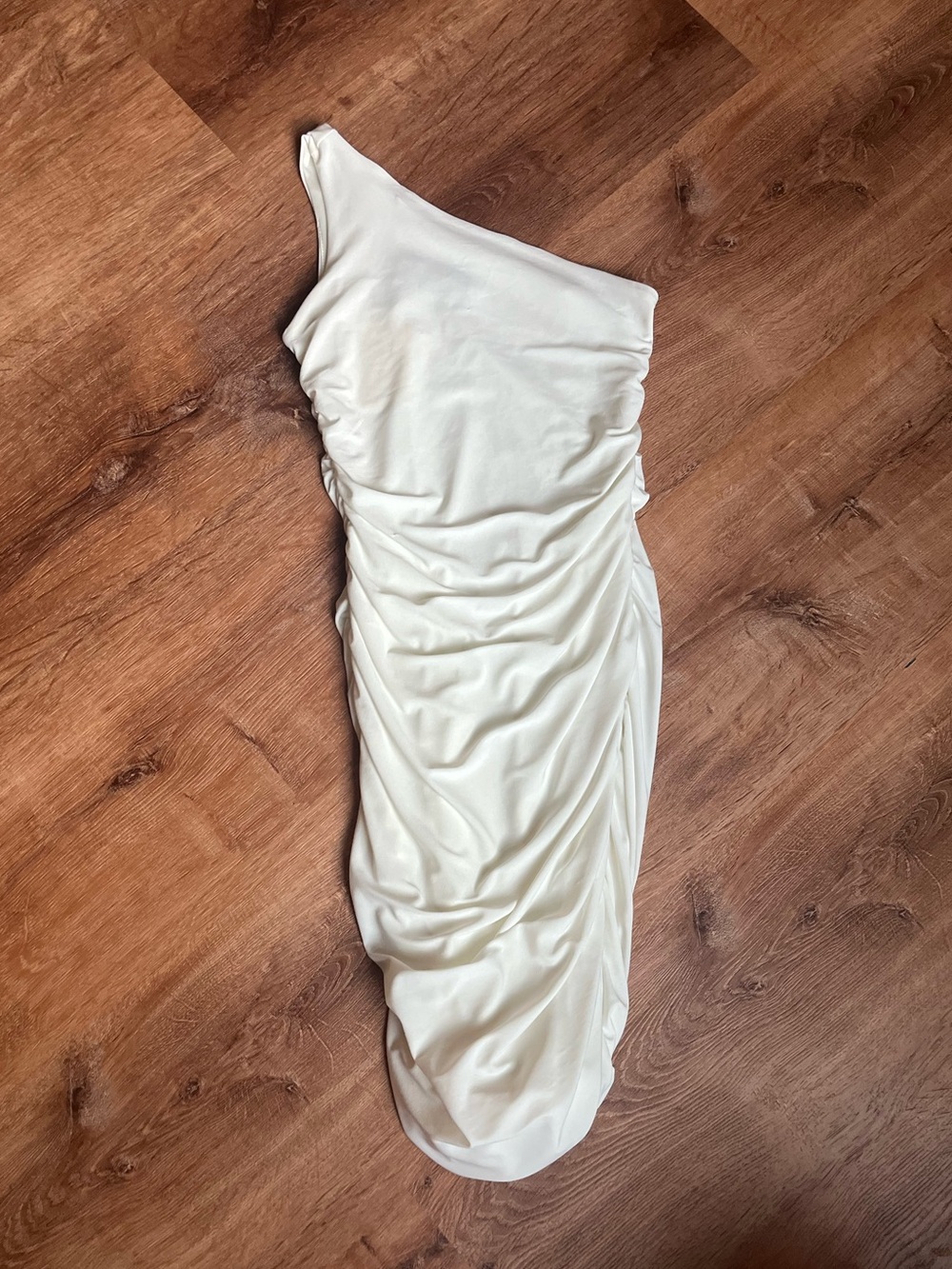 One-Shoulder Cream Ruched Midi Dress Un Deux Trois